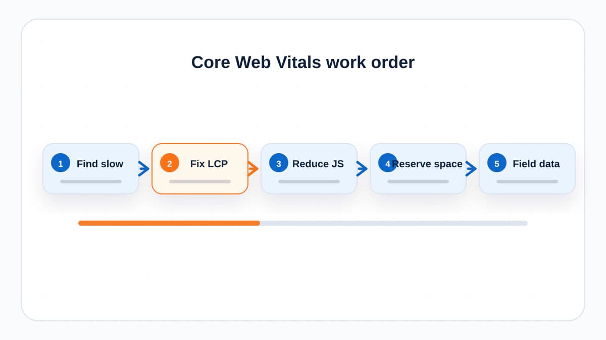 Practical workflow for improving Core Web Vitals in priority order.