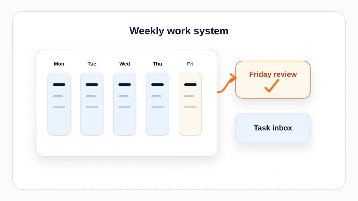 Weekly productivity board showing planning, production, task capture, and Friday review.