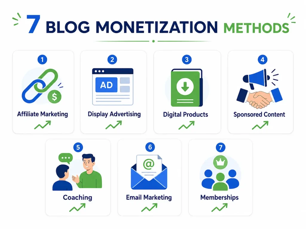 Comparison of 7 blog monetization methods affiliate ads products