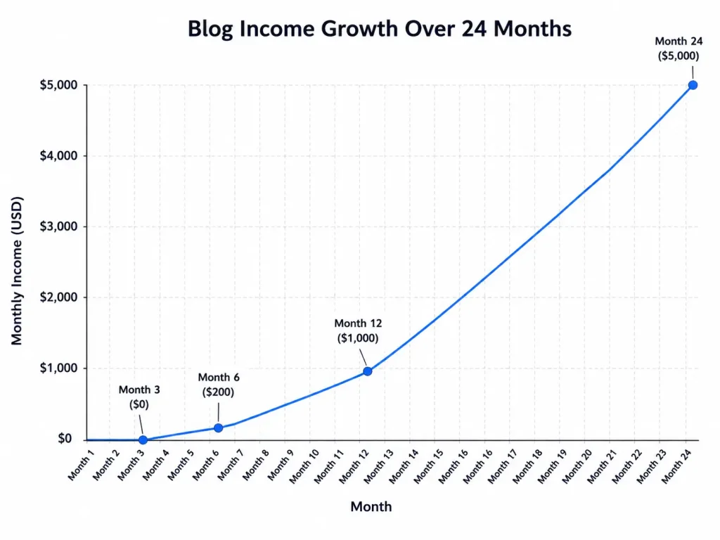 Blogging income timeline from month 1 to month 24 showing growth