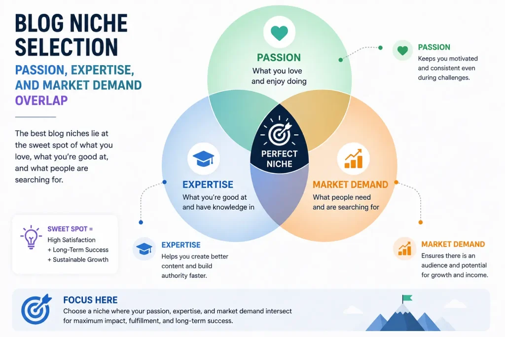 Blog niche selection: passion, expertise, and market demand overlap