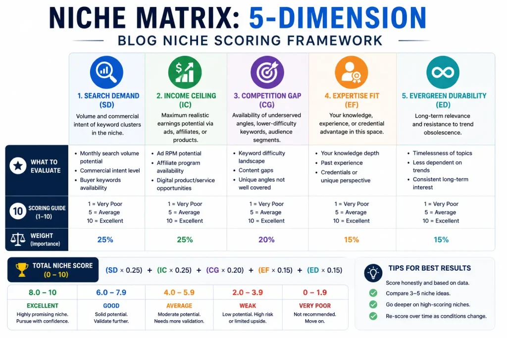 NICHE MATRIX: 5-dimension blog niche scoring framework