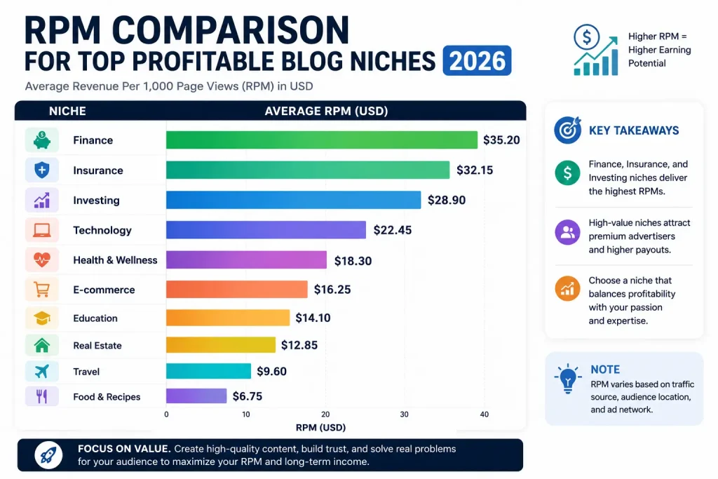 RPM comparison chart for top profitable blog niches 2026