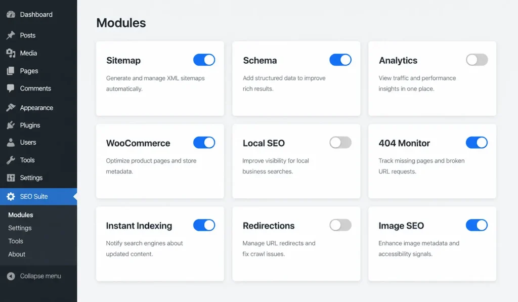 Rank Math modules dashboard showing toggle switches for Sitemap, Schema, WooCommerce, Local SEO, 404 Monitor, and Analytics modules