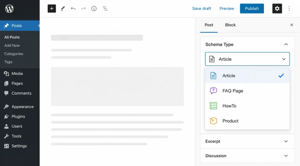 Rank Math schema markup type selector showing Article, FAQ, HowTo, and Product schema options