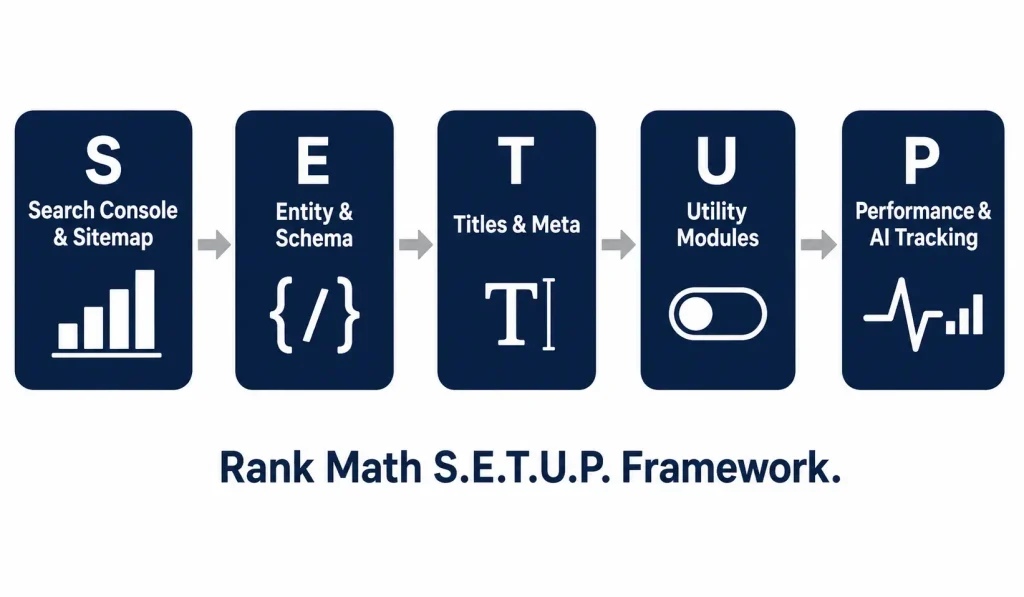 S.E.T.U.P. framework diagram for configuring Rank Math: Search Console and Sitemap, Entity and Schema, Titles and Meta, Utility Modules, Performance and AI Tracking