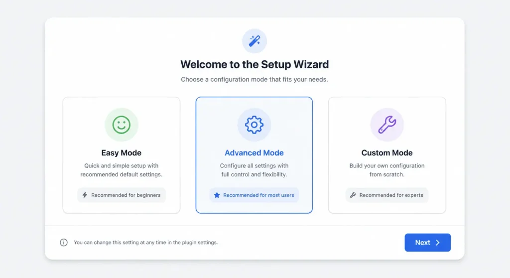 Rank Math setup wizard showing three mode options: Easy, Advanced, and Custom
