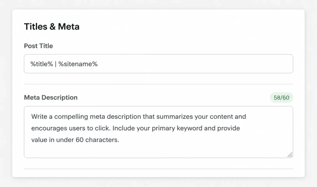 Rank Math Titles and Meta settings panel showing title pattern variables and meta description fields for WordPress posts