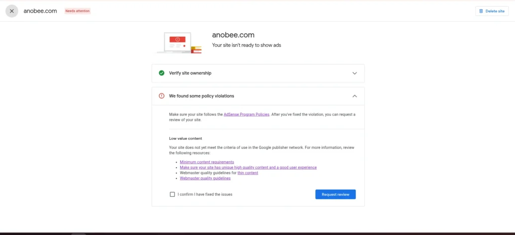 google adsense low value content policy violation anobee.com
