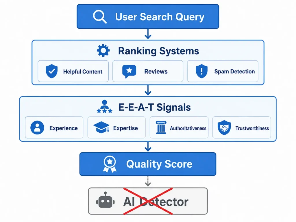 Google content evaluation framework showing E-E-A-T signals, ranking systems, and user satisfaction in a flowchart