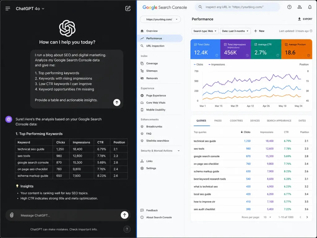 ChatGPT keyword research prompts and SEO tools dashboard concept