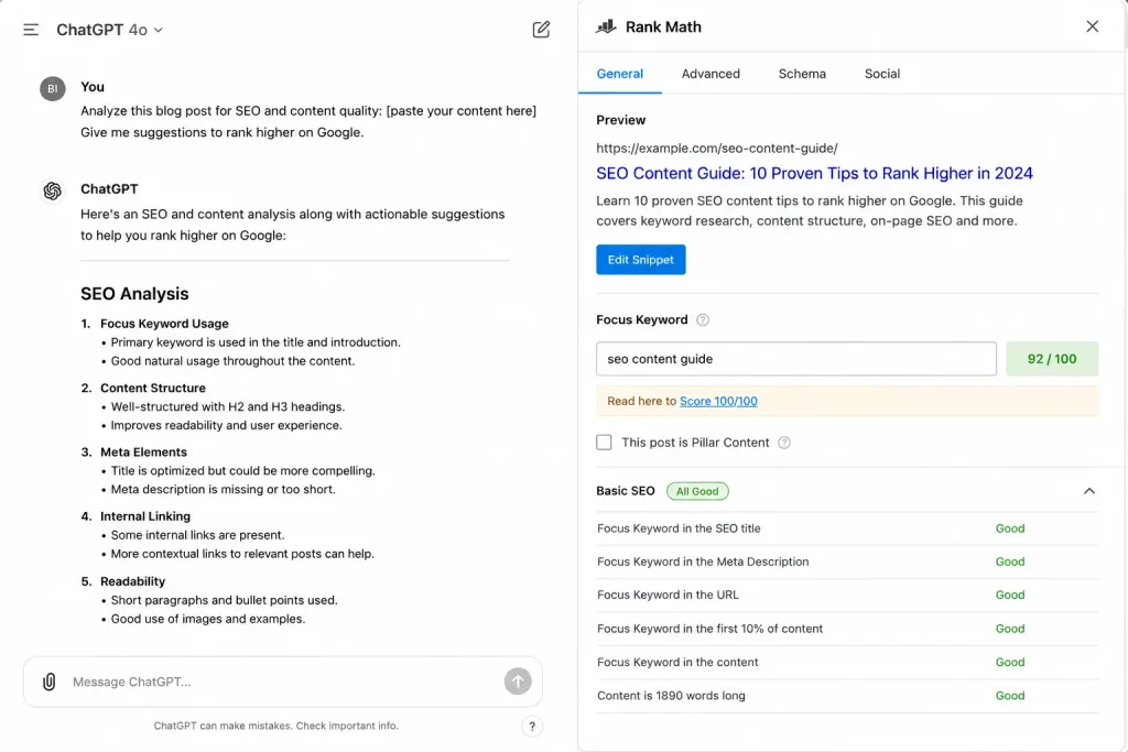 RankMath SEO score optimization using ChatGPT prompts