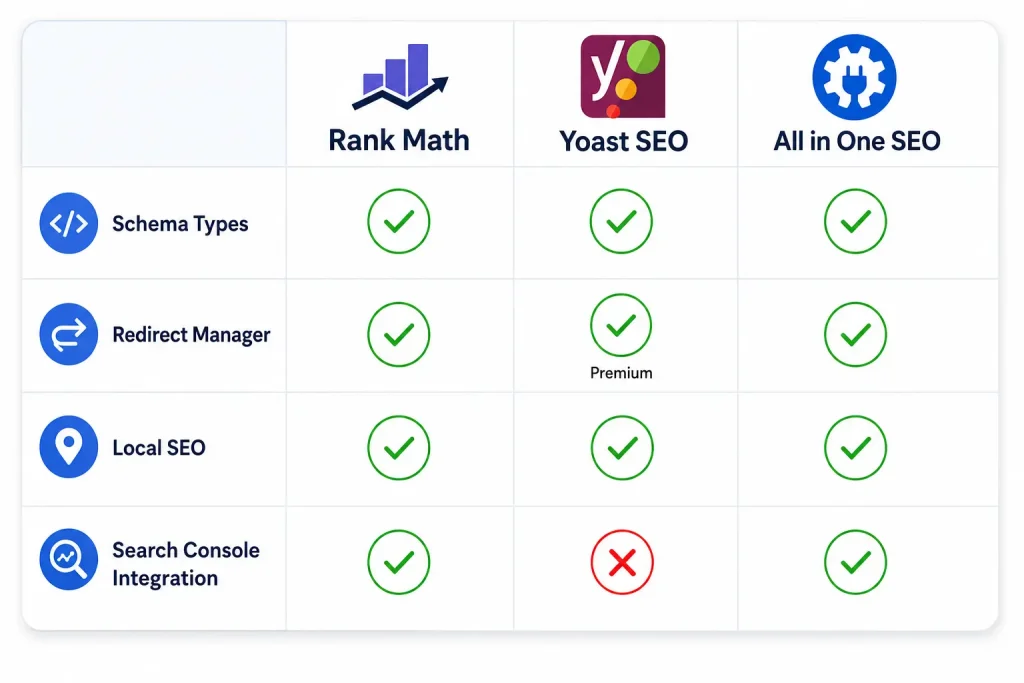 Best WordPress SEO Plugin comparison table showing Rank Math Yoast and All in One SEO features