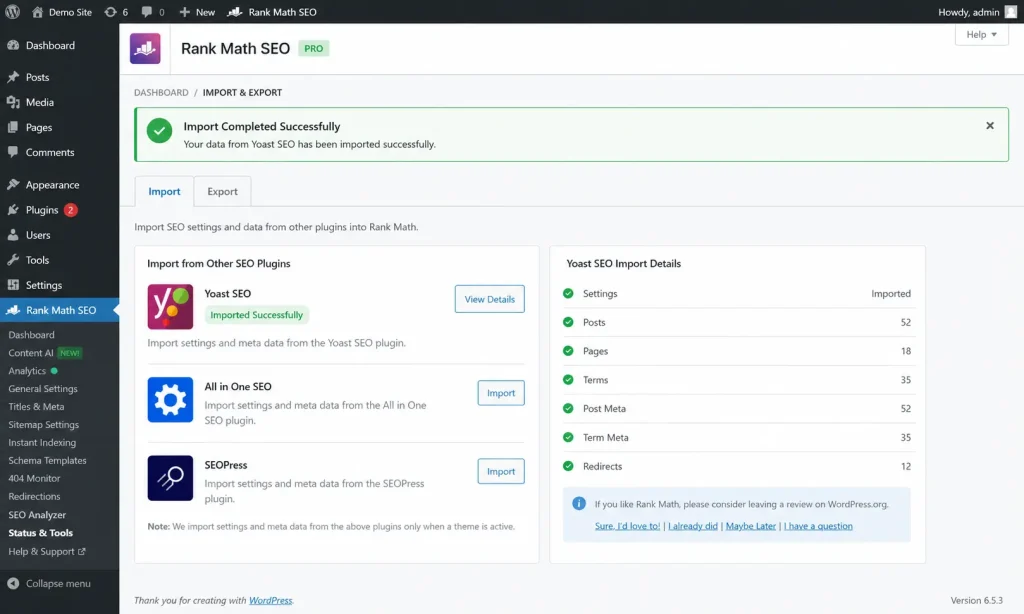 Screenshot of Rank Math import tool showing successful migration from Yoast on anobee.com
